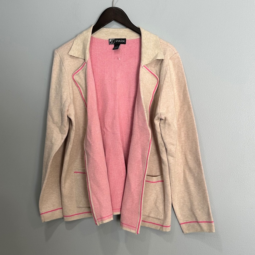 80 Park Women's Knit Blazer Jacket Beige Pink Trim Open Front Size L